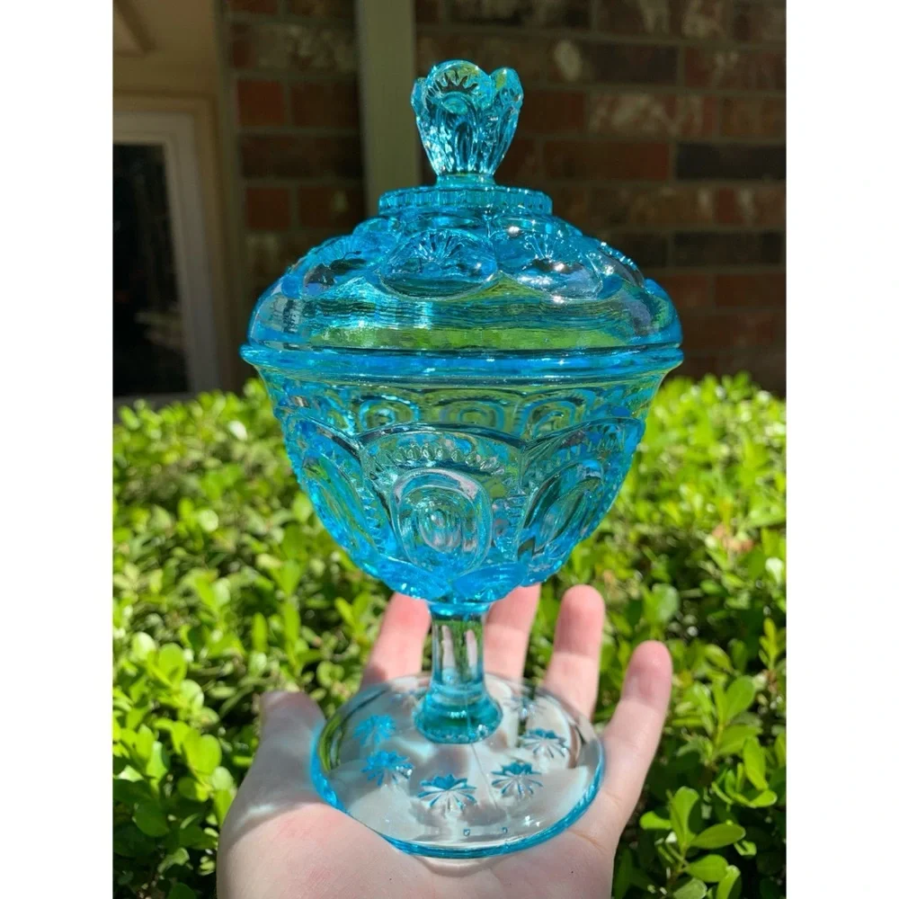 L.E. Smith Moon and Stars Sherbet Cup Lidded Electric Blue